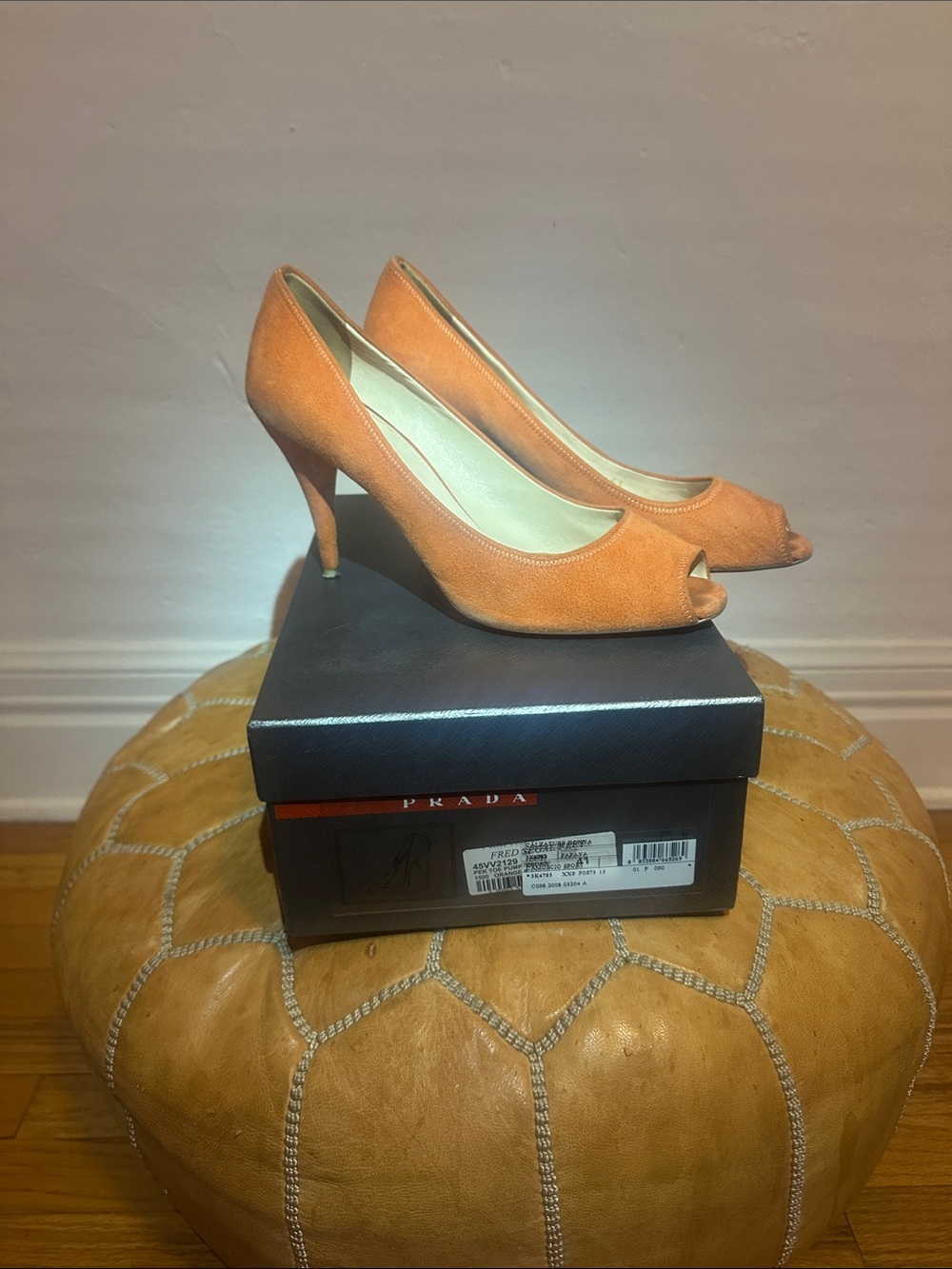 Prada Orange Suede Peep-Toe Heels